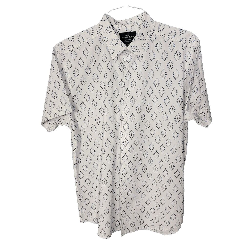 Rodd & Gunn Sports Fit Shirt Size XL Snow White Blue Geometric Print Woven in Eu
